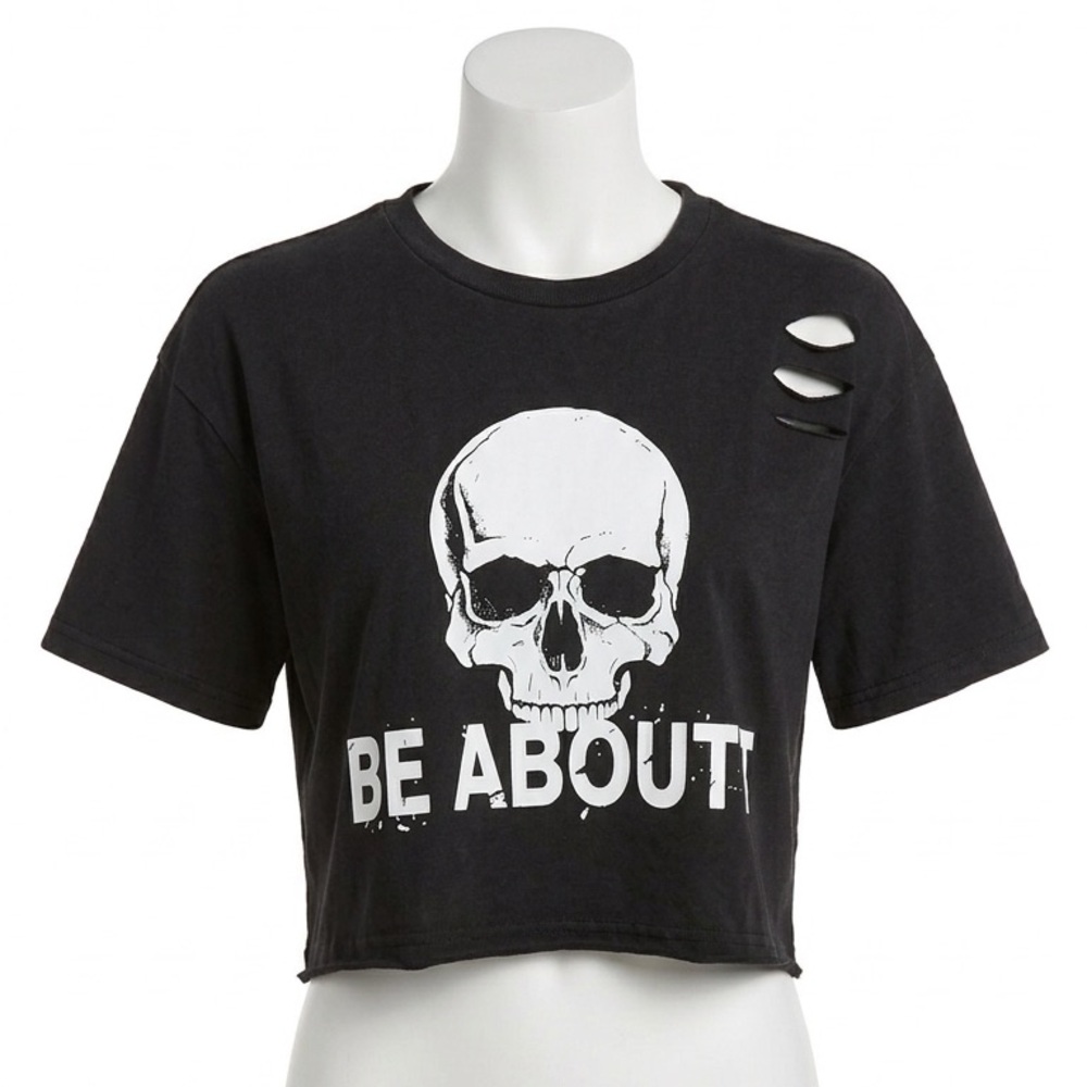 ROMWE Black Distressed Skull Graphic Crop Top Tee Women’s Small Grunge